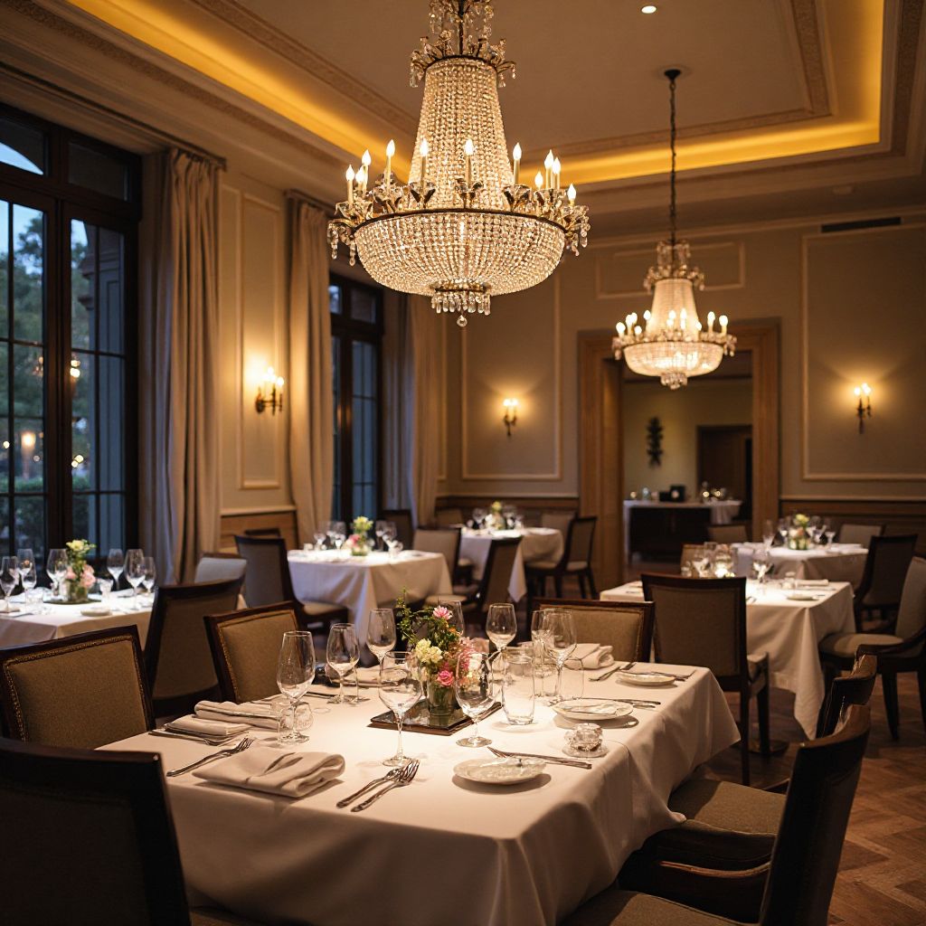Luxe eetkamer met kristallen kroonluchters
